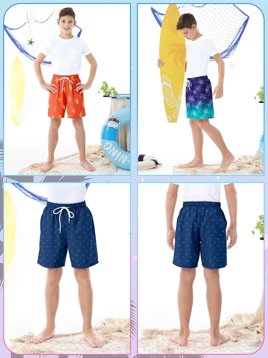 3/1 Pack Boys Swim Trunks UPF 50  Swim Shorts Kid Board Shorts with Mesh Lining Quick Dry Beachwear Swimsuit