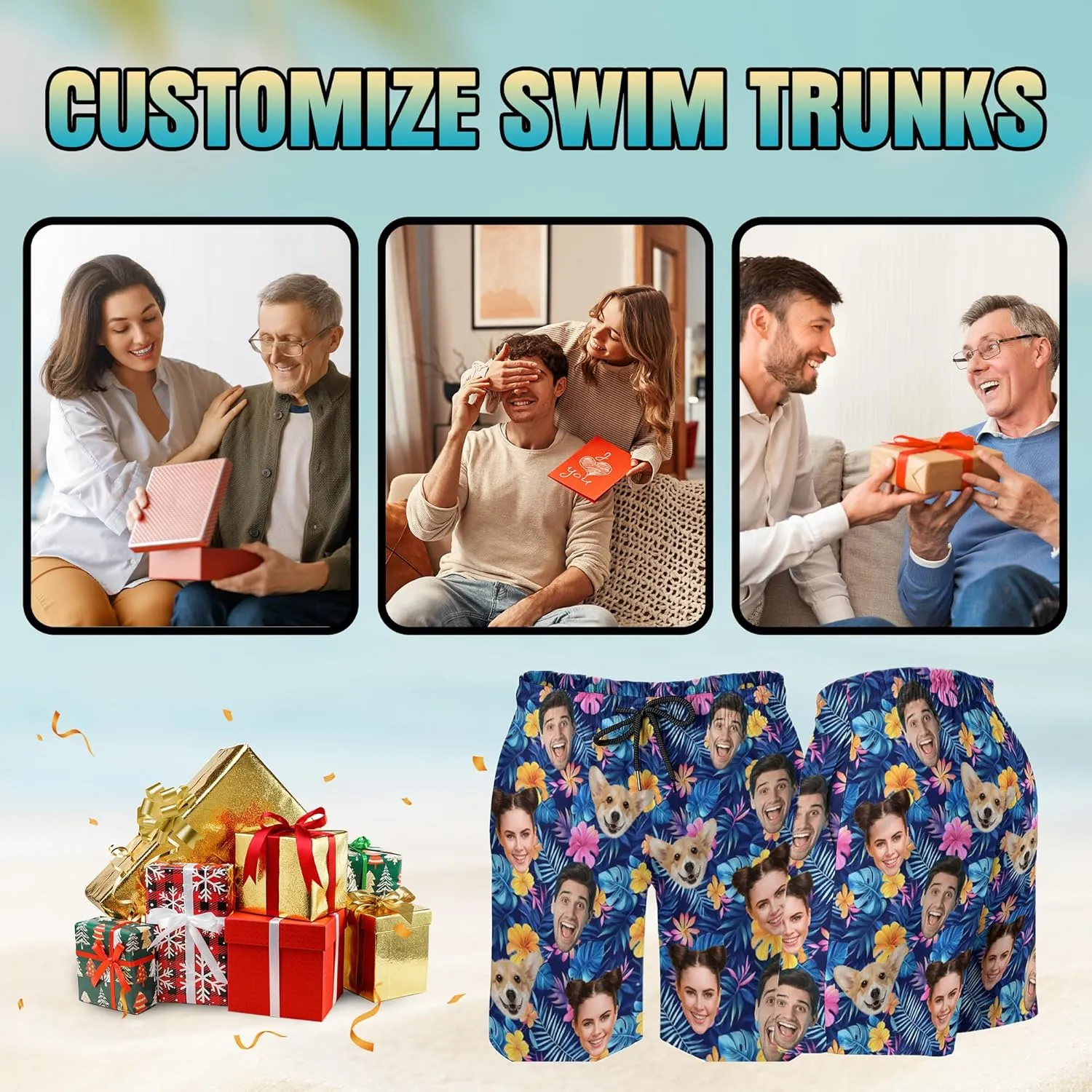 Custom Mens Swim Trunks Personalized Swim Shorts with Face Tropical Quick Dry Swim Suits Beach Board Shorts Bathing Suit