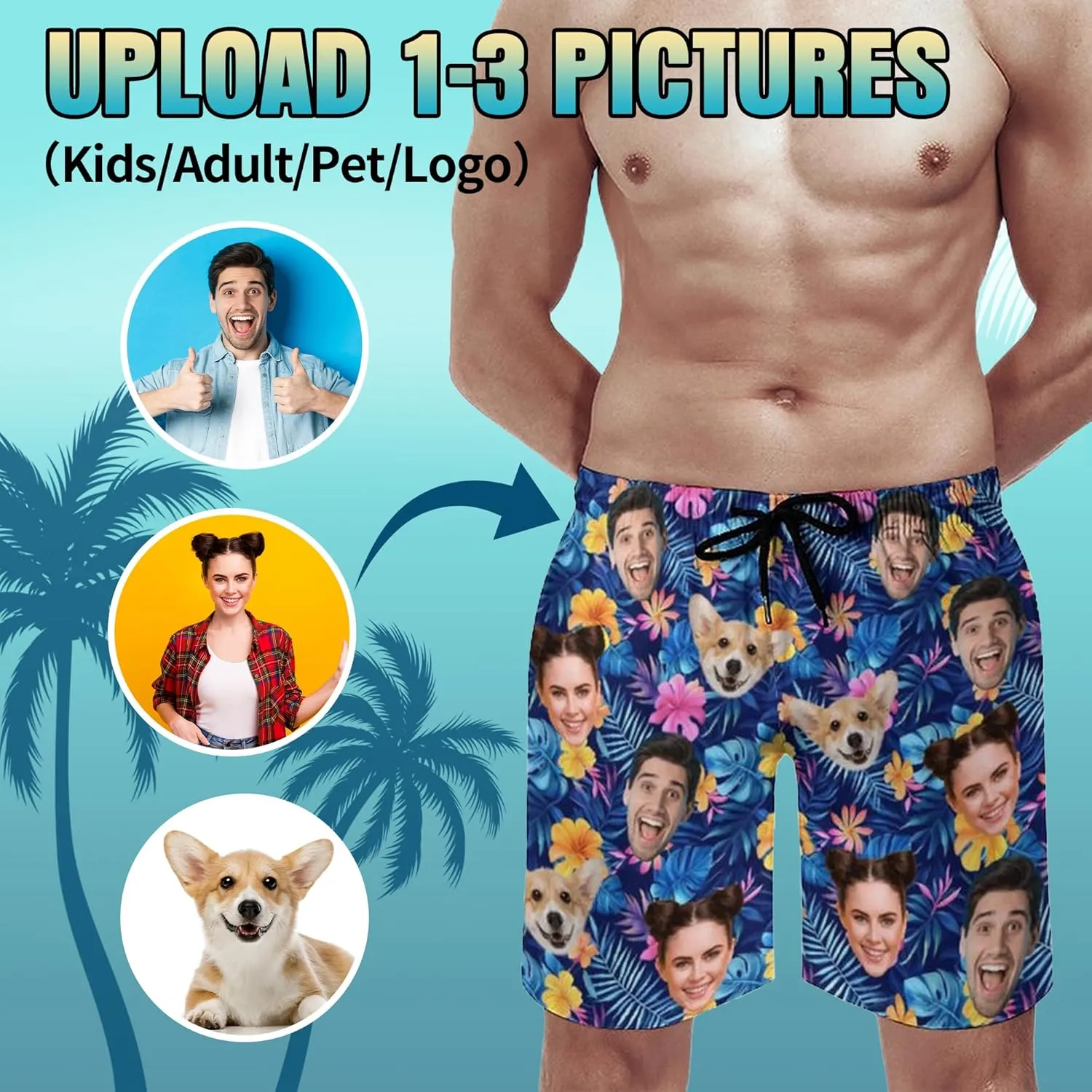 Custom Mens Swim Trunks Personalized Swim Shorts with Face Tropical Quick Dry Swim Suits Beach Board Shorts Bathing Suit