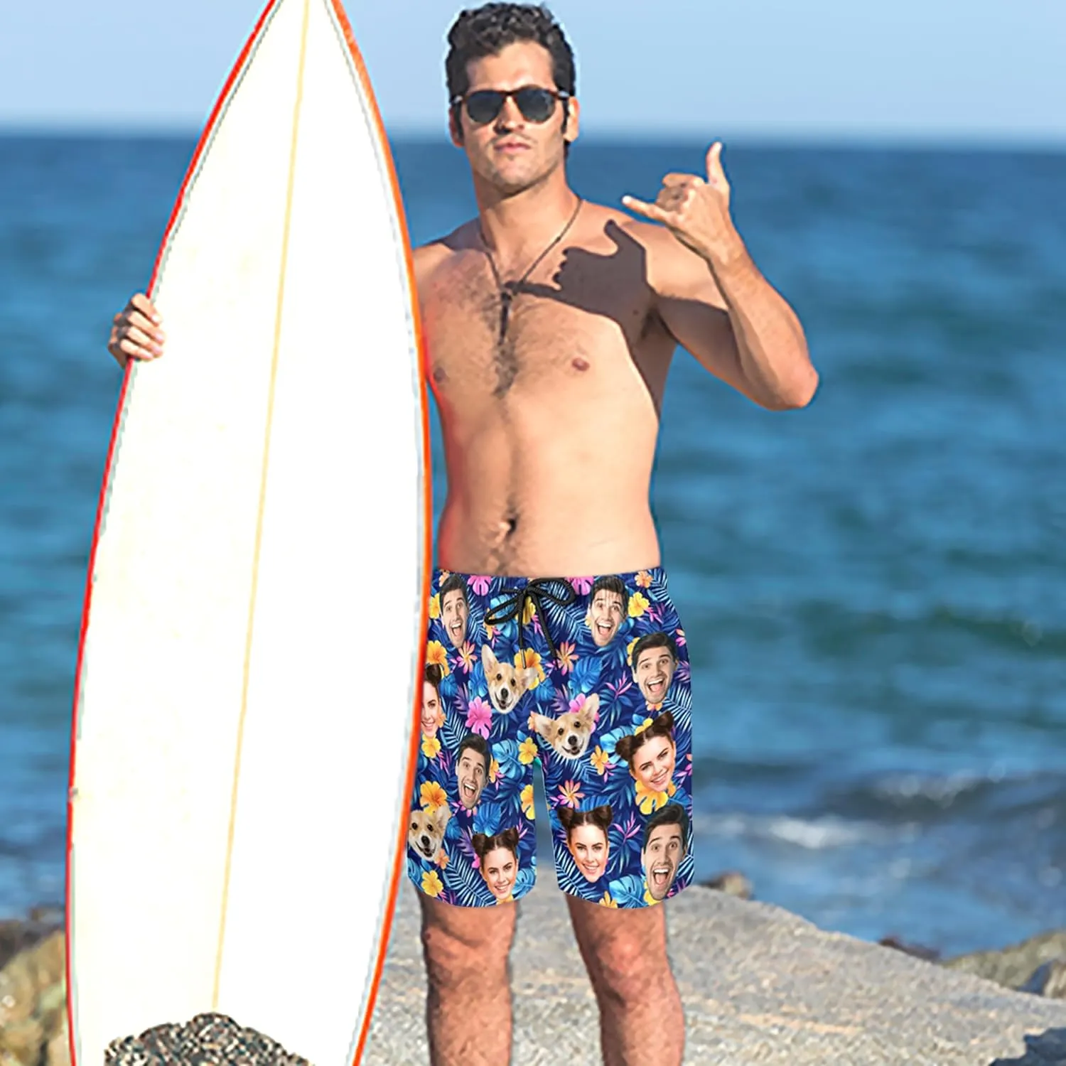 Custom Mens Swim Trunks Personalized Swim Shorts with Face Tropical Quick Dry Swim Suits Beach Board Shorts Bathing Suit