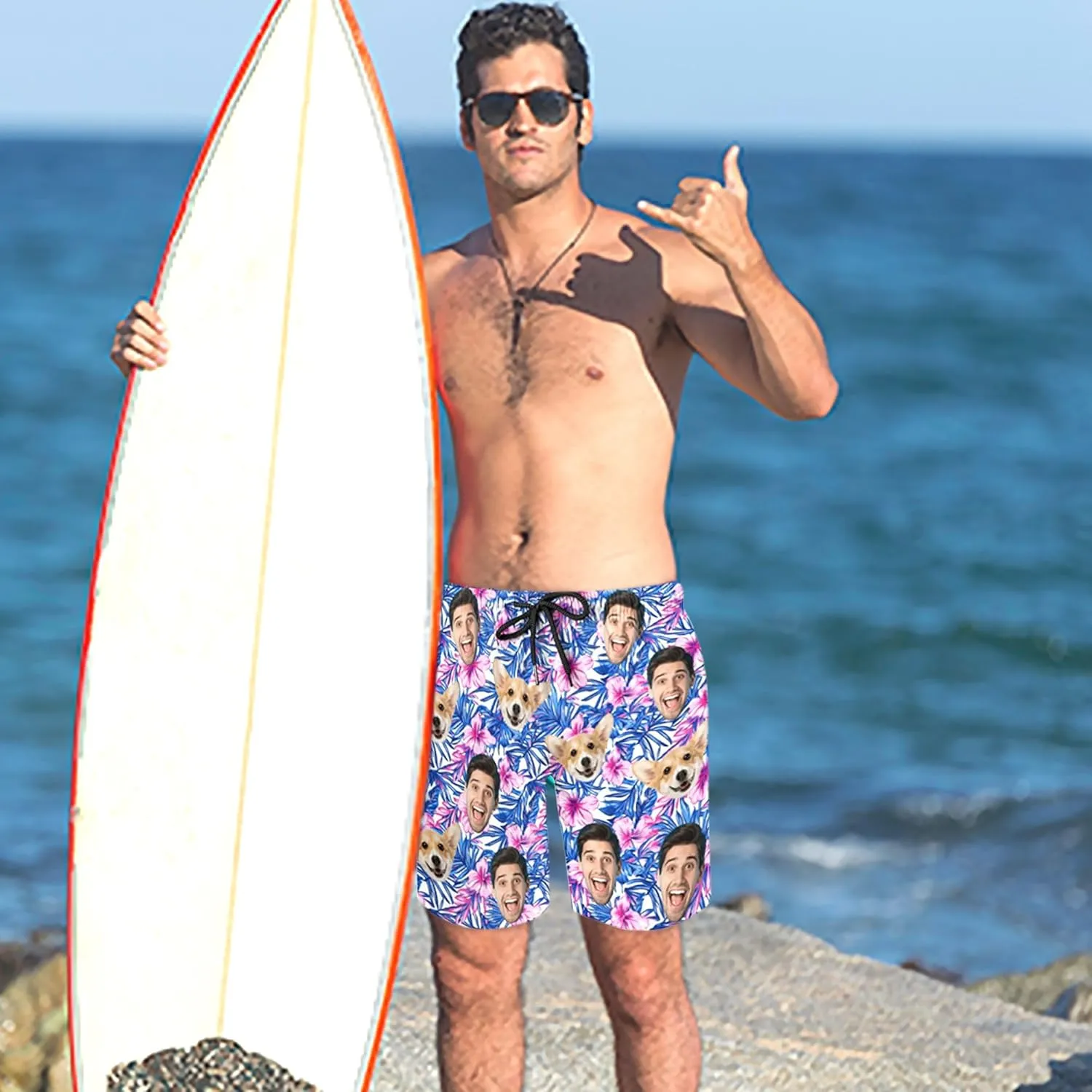 Custom Mens Swim Trunks Personalized Swim Shorts with Face Tropical Quick Dry Swim Suits Beach Board Shorts Bathing Suit
