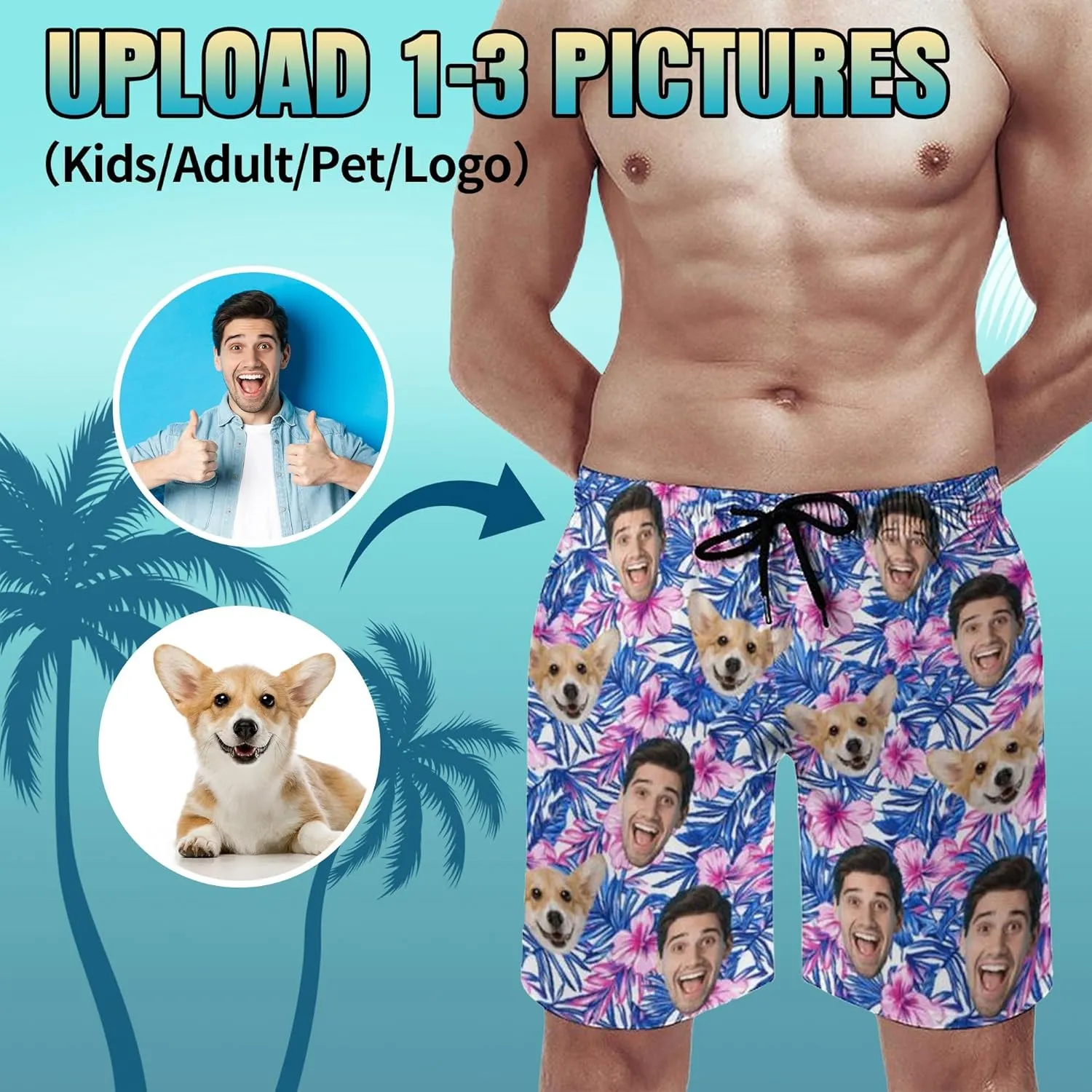 Custom Mens Swim Trunks Personalized Swim Shorts with Face Tropical Quick Dry Swim Suits Beach Board Shorts Bathing Suit