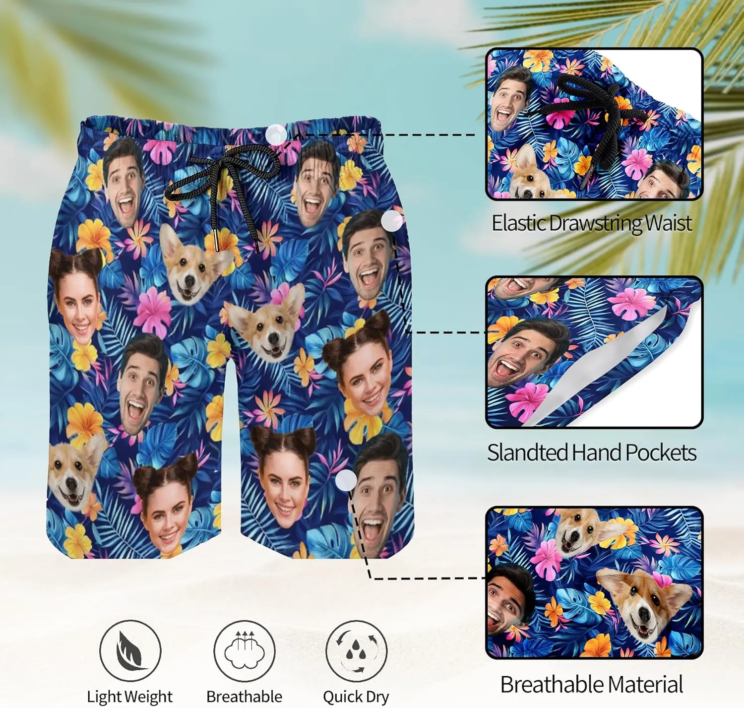 Custom Mens Swim Trunks Personalized Swim Shorts with Face Tropical Quick Dry Swim Suits Beach Board Shorts Bathing Suit