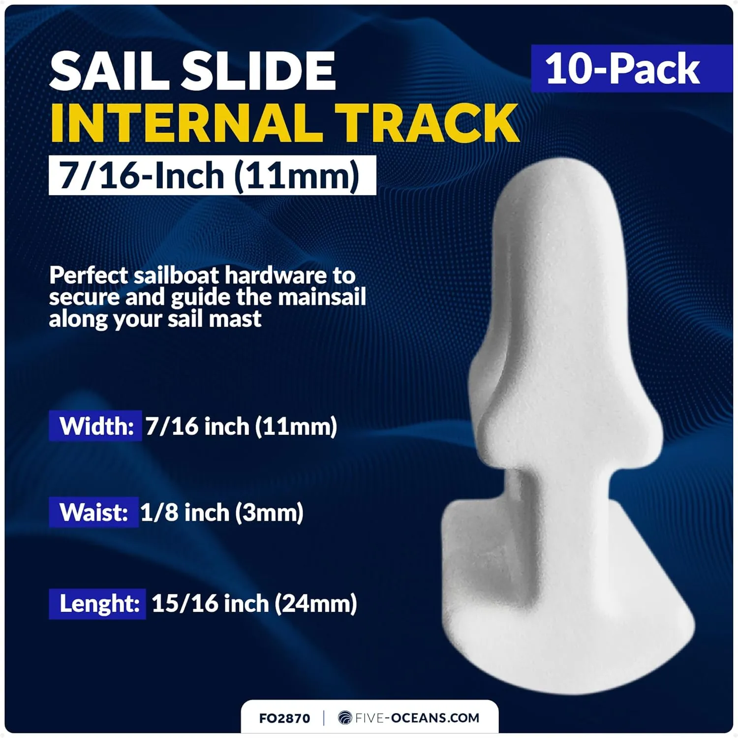 Five Oceans 10-Pack Sail Slide - Internal Track, Internal Mast Track Slide, for Small to Medium-Sized Sailboats, Cruising Yachts, Ketches, and Yawls