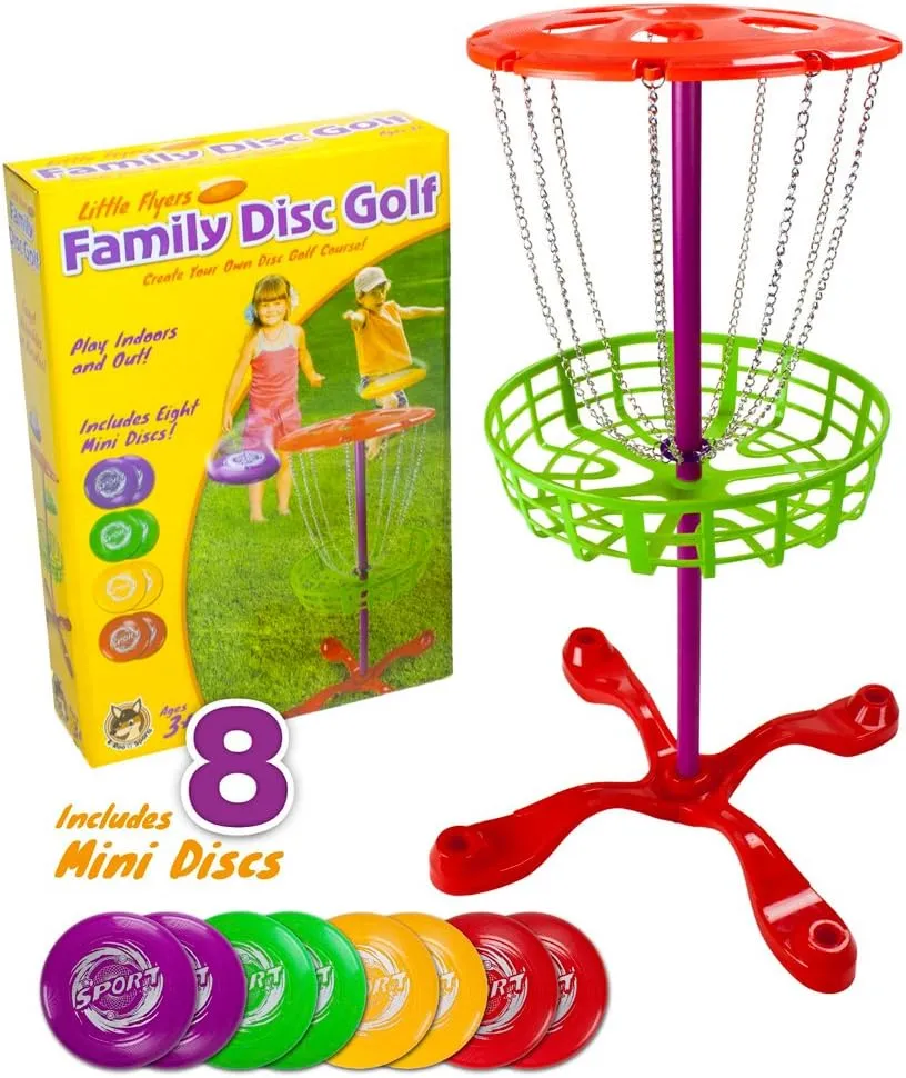 Little Flyers Family Disc Golf and Target Set | 8 Mini Discs and 25-inch Tall Basket | Kids Intro Disc Golf Toy Set | Portable Indoor/Outdoor Yard Games