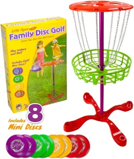 Little Flyers Family Disc Golf and Target Set | 8 Mini Discs and 25-inch Tall Basket | Kids Intro Disc Golf Toy Set | Portable Indoor/Outdoor Yard Games