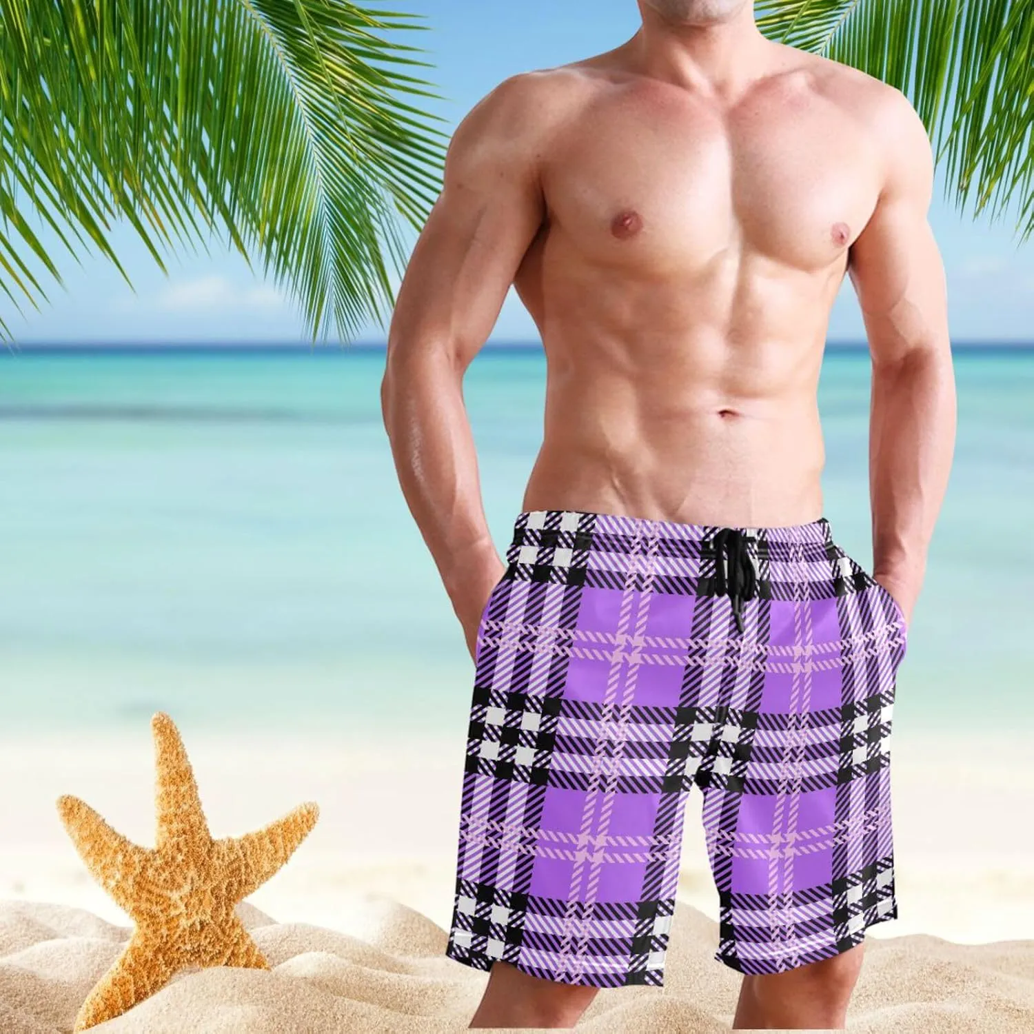 Men's Swim Trunks Purple Black Buffalo Plaid Beach Shorts Quick Dry Swim Board Shorts Bathing Suits S