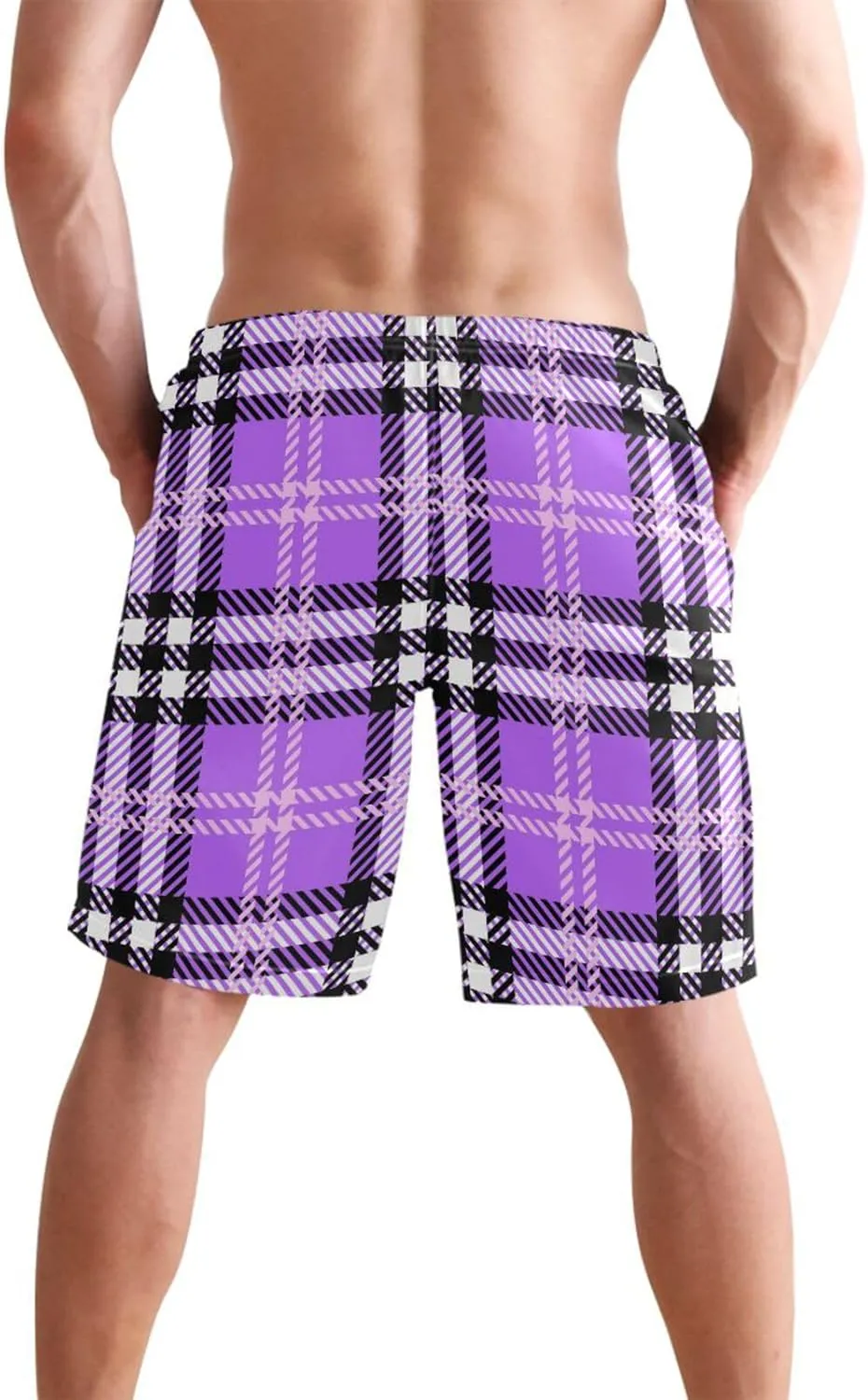 Men's Swim Trunks Purple Black Buffalo Plaid Beach Shorts Quick Dry Swim Board Shorts Bathing Suits S