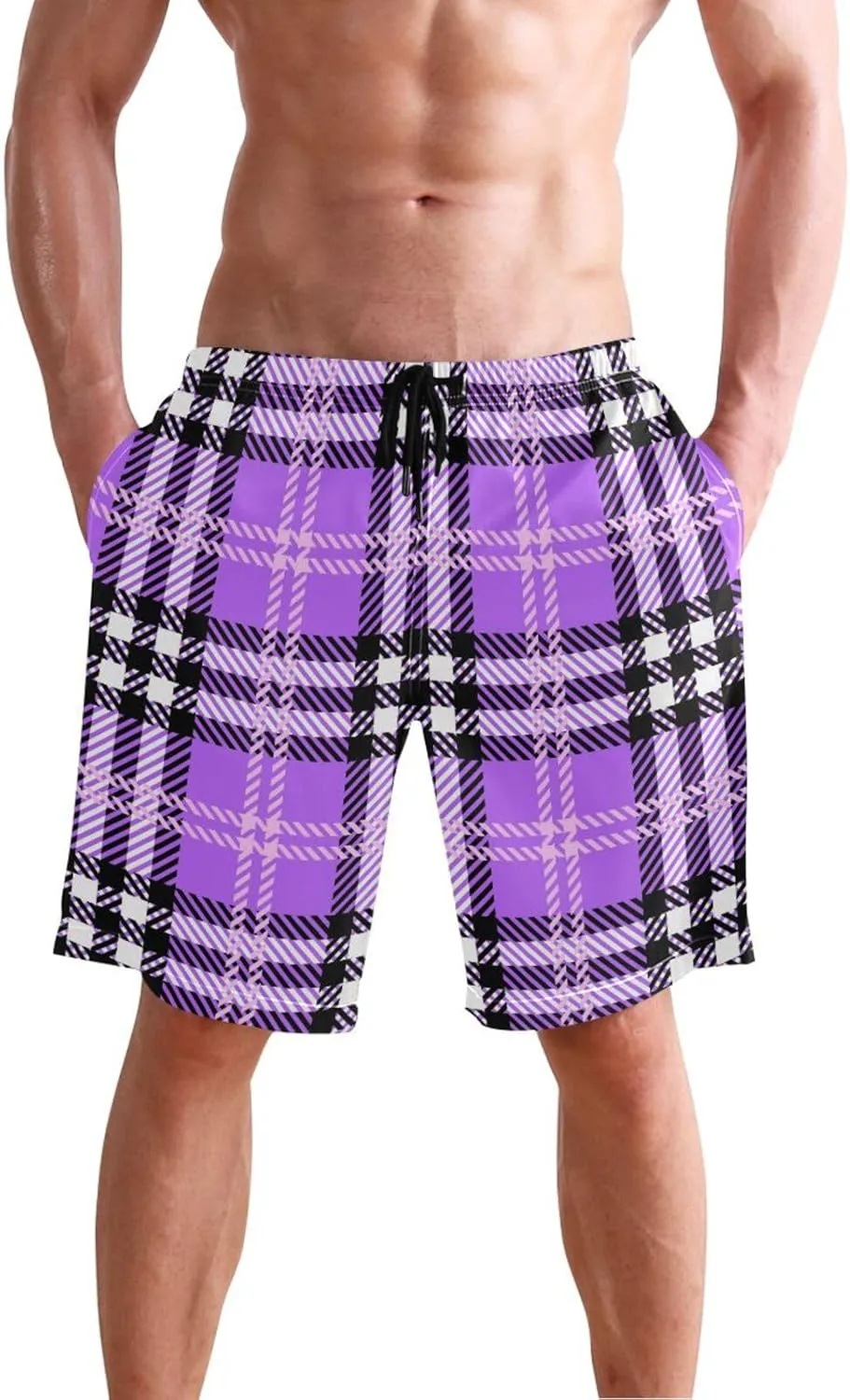 Men's Swim Trunks Purple Black Buffalo Plaid Beach Shorts Quick Dry Swim Board Shorts Bathing Suits S
