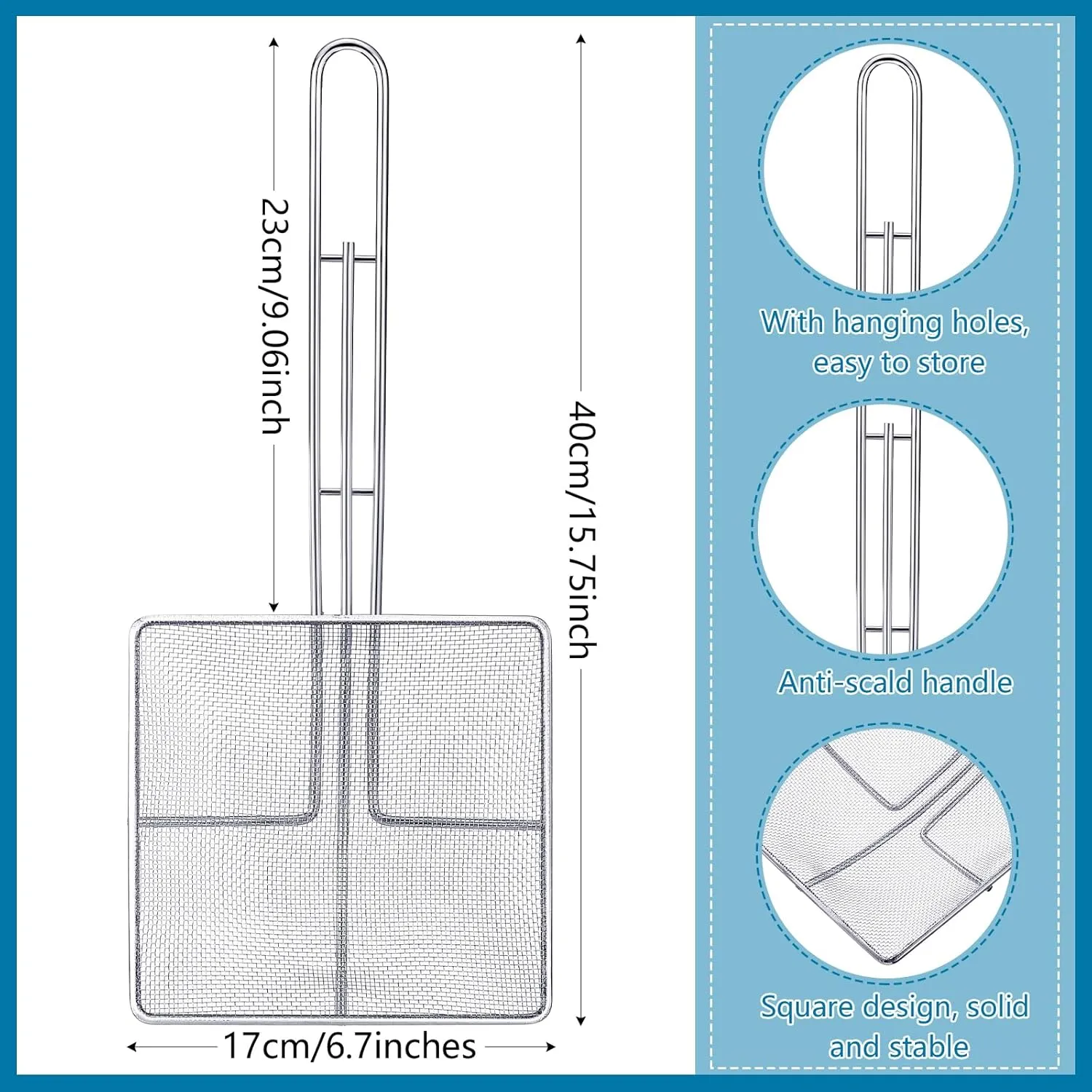 Mumufy 2 Pcs Square Fine Mesh Skimmer Oil Skimmer for Deep Fryer Frying Scoop Stainless Steel Spider Strainer with Long Handle for Kitchen Swimming Pools Fried Food (6.7 x 6.7 Inch)