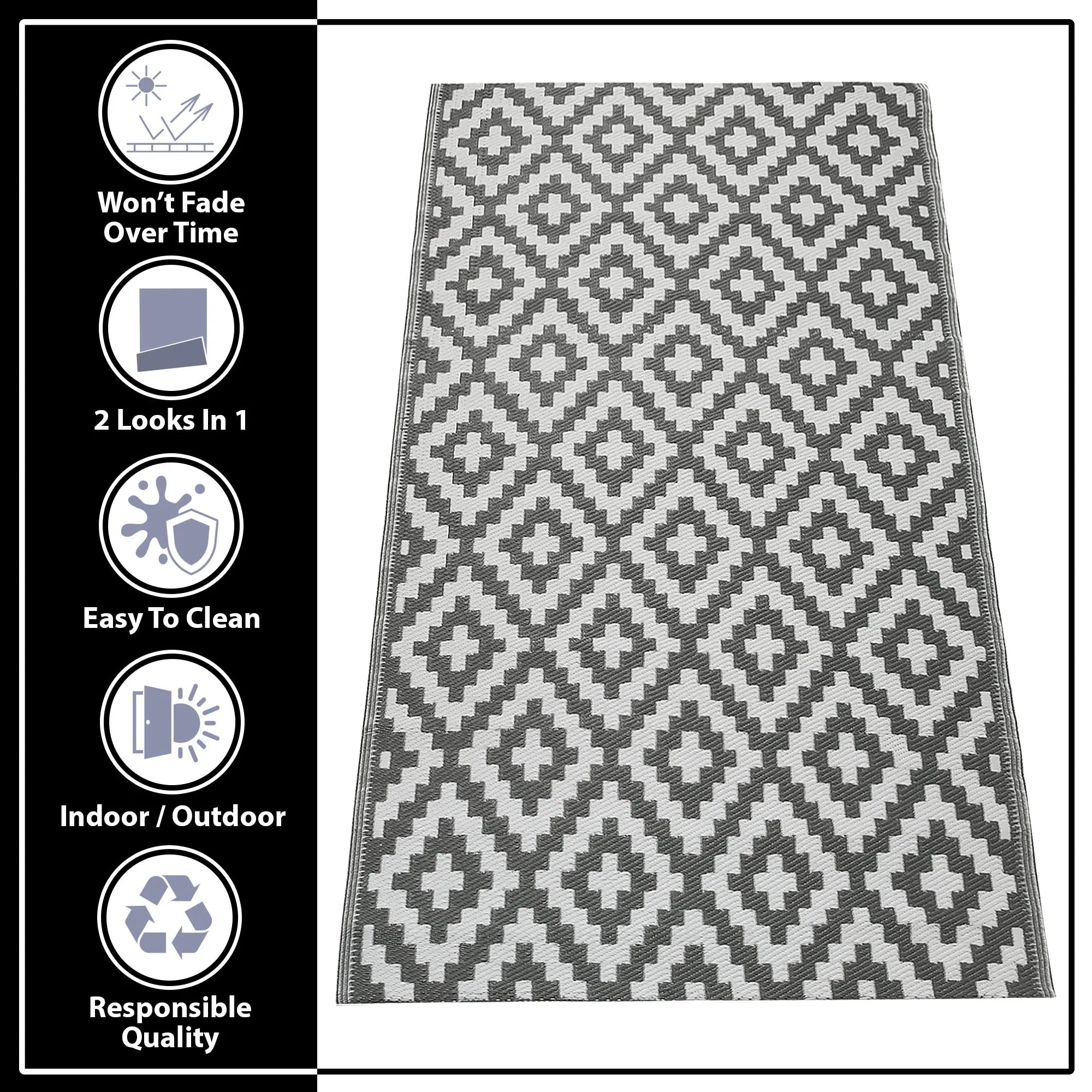 Ninamar Indoor/Outdoor Patio Rugs – Reversible, Waterproof, Lightweight, UV & Stain Resistant – Durable Plastic Décor Rug - Portable for Beach, Deck, Entryway