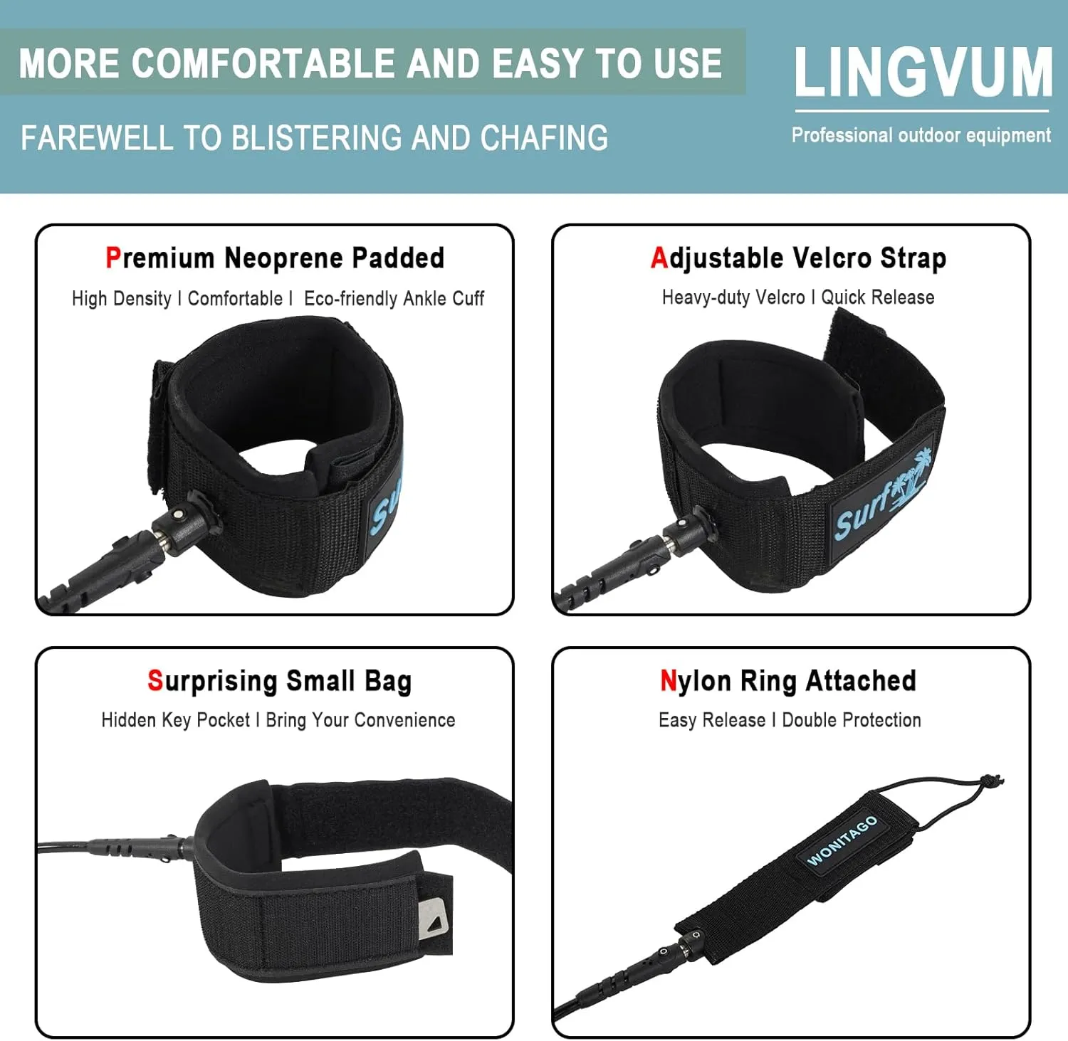 Premium Surfboard Leash, 6/7/8/9/10 ft, Straight Surf Board Leashes, 7mm Legrope Strap for Shortboard, Longboard