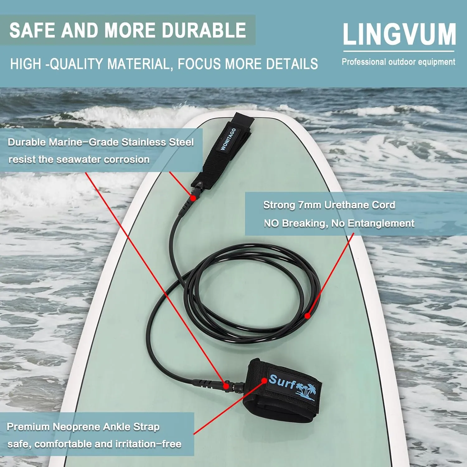Premium Surfboard Leash, 6/7/8/9/10 ft, Straight Surf Board Leashes, 7mm Legrope Strap for Shortboard, Longboard