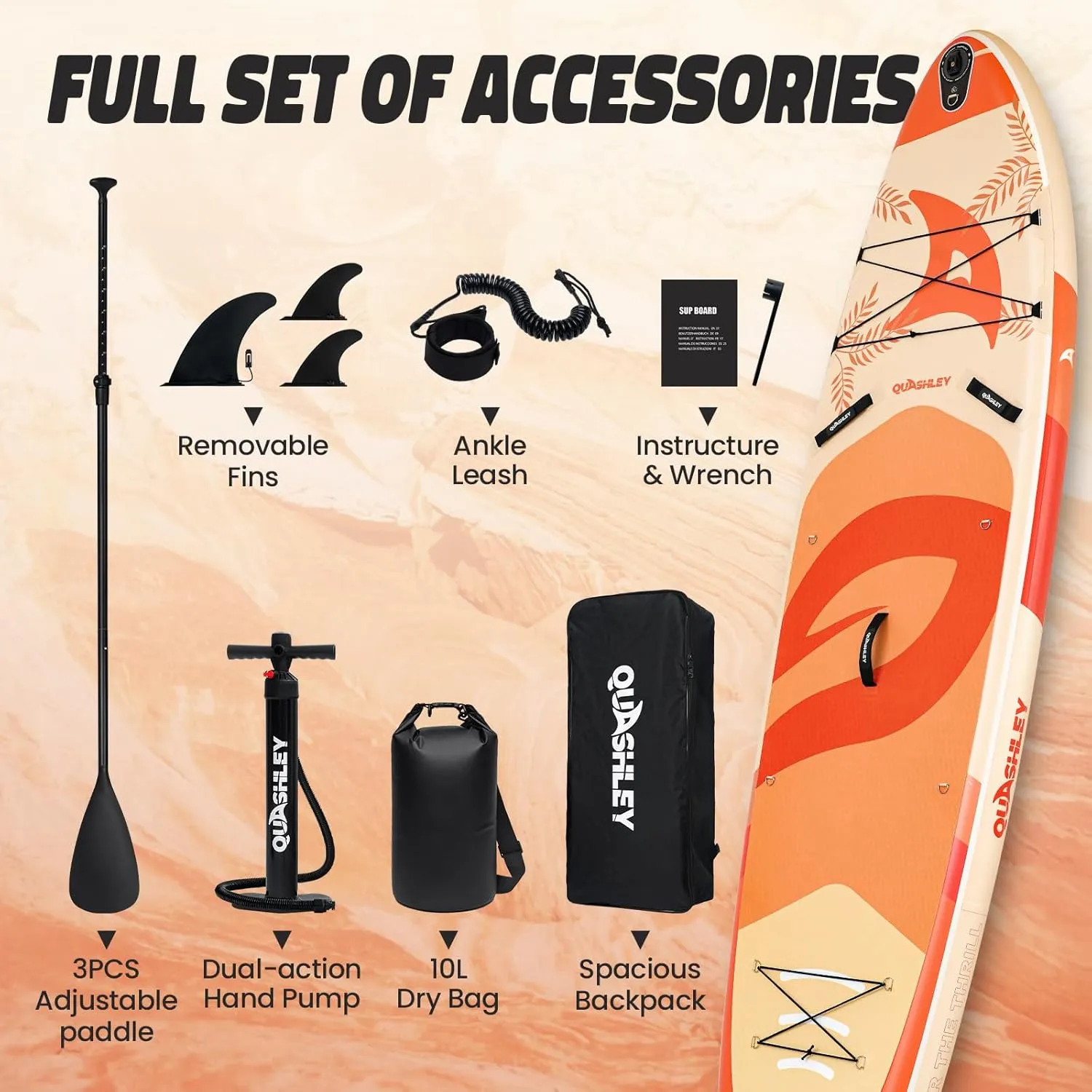 Quashley Inflatable Paddle Board 11ft34 inch Extra Wider Stand Up Paddle Board Stable Inflatable SUP with 10L Waterproof Bag,Pump,Paddle,3 Removable Fins and Portable Backpack