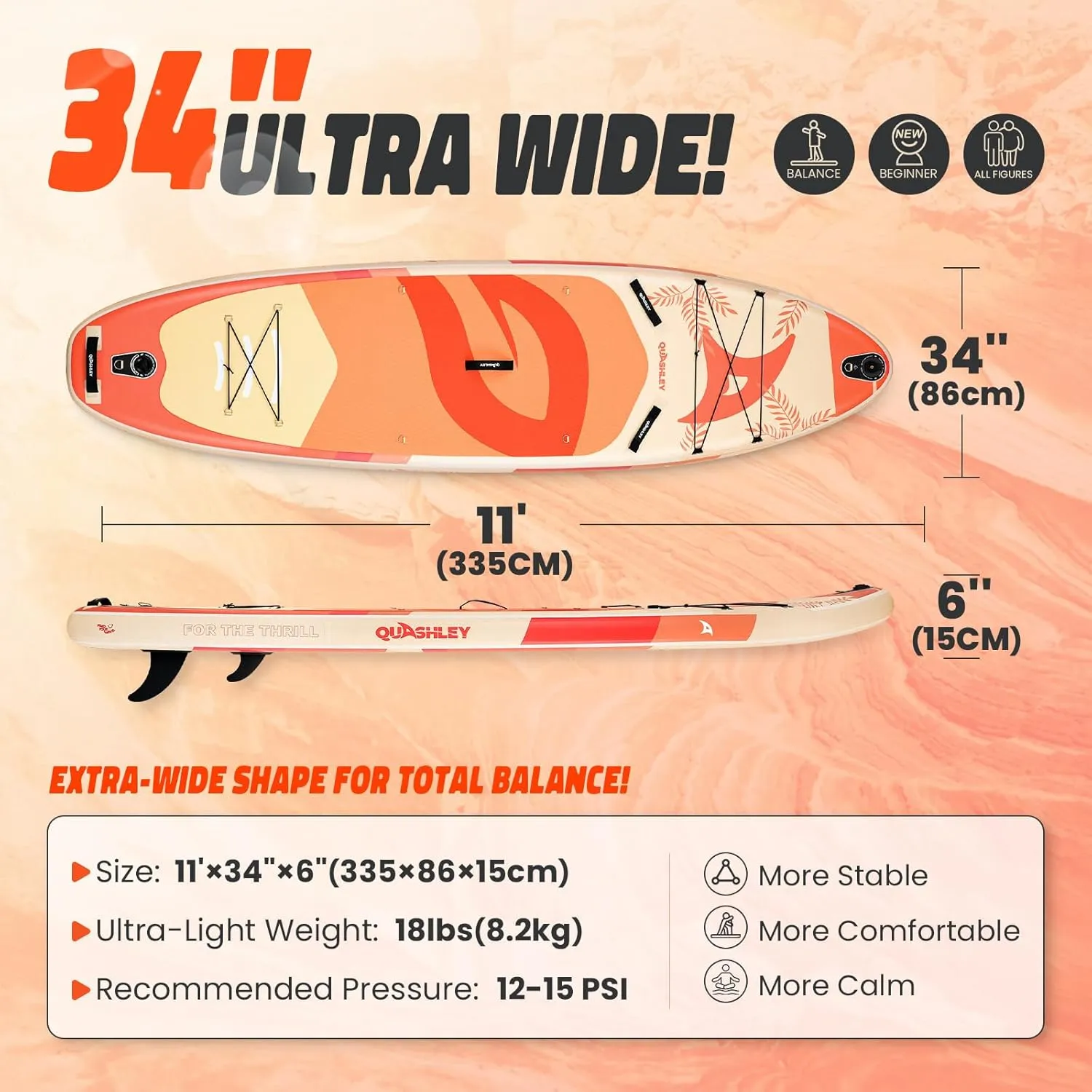 Quashley Inflatable Paddle Board 11ft34 inch Extra Wider Stand Up Paddle Board Stable Inflatable SUP with 10L Waterproof Bag,Pump,Paddle,3 Removable Fins and Portable Backpack
