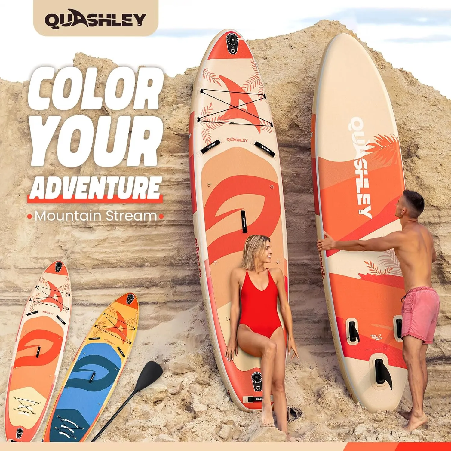 Quashley Inflatable Paddle Board 11ft34 inch Extra Wider Stand Up Paddle Board Stable Inflatable SUP with 10L Waterproof Bag,Pump,Paddle,3 Removable Fins and Portable Backpack